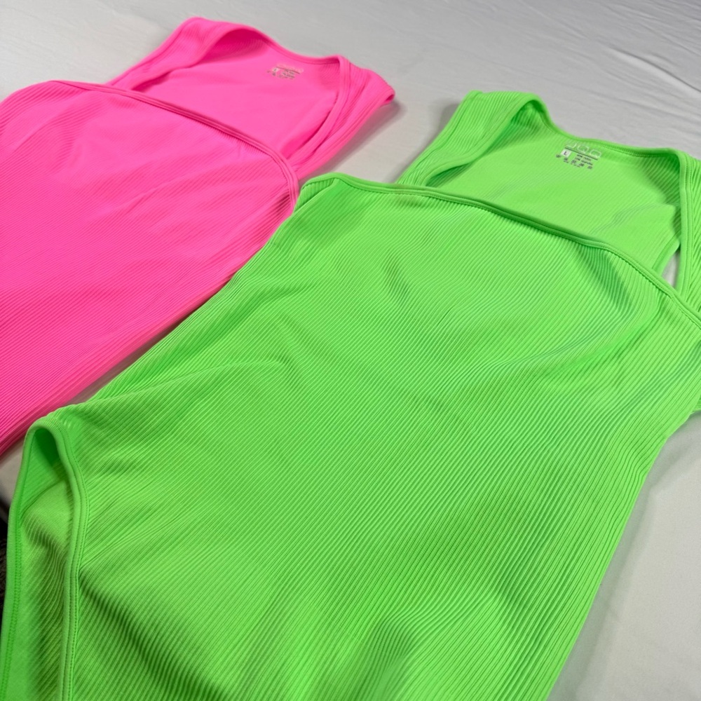Tiktok Viral Set of two Ribbed Bodysuit Stretchy Ribbed Large Pink Green snap - Picture 8 of 10